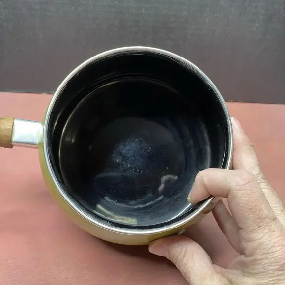 Vintage Mid Century Modern Enamel Saucepan Plate Fondue Pot Wood Handle Green - Picture 8 of 12